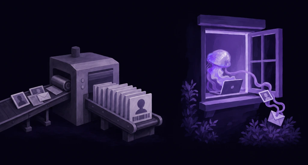 A visual comparison: on the left, a machine processes personal photos and letters into a profile; on the right, the same belongings stay with a jellyfish, laptop and home.
